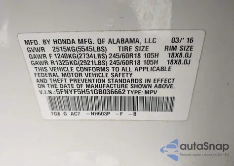 2016 Honda Pilot Ex-L from USA, damaged, VIN 5FNYF5H51GB036662
